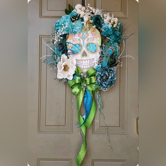 Handmade Other - HANDMADE TURQUOISE, GREEN & WHITE SUGAR SKULL WREATH - 1 of a Kind